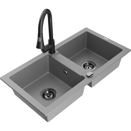 Mexen Mario 2-bowl granite sink with Elia kitchen faucet, gray - 6504-71-670101-70-B