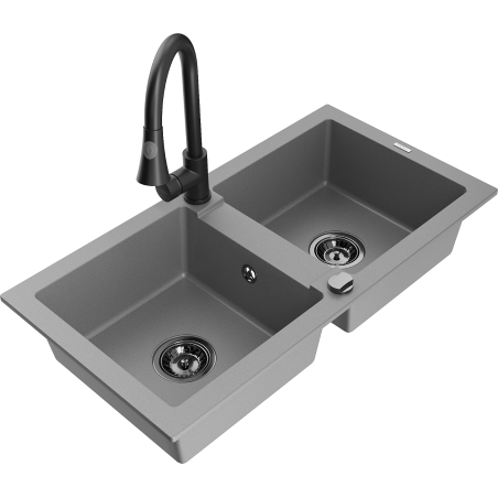 Mexen Mario fregadero de granito de 2 senos con grifo de cocina Elia, gris - 6504-71-670101-70-B