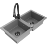 Mexen Mario granite sink 2-bowl with Elia kitchen tap, grey - 6504-71-670101-70-B