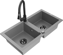 Mexen Mario fregadero de granito de 2 senos con grifo de cocina Elia, gris - 6504-71-670101-70-B