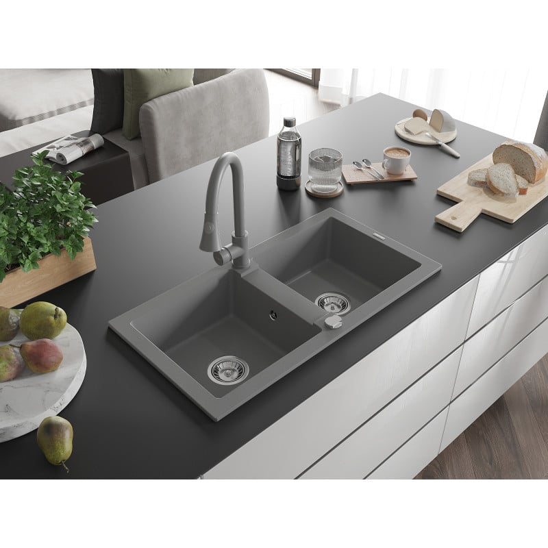 Mexen Mario granite sink 2-bowl with Elia kitchen mixer, grey - 6504-71-670101-71