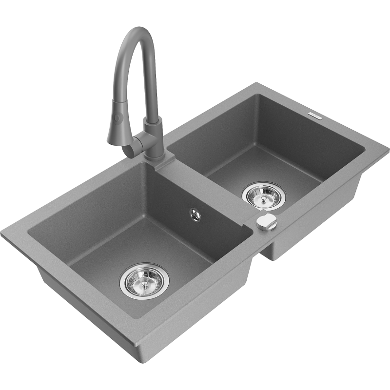 Mexen Mario fregadero de granito de 2 compartimentos con grifo de cocina Elia, gris - 6504-71-670101-71