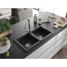 Mexen Mario granite sink double-bowl with Elia kitchen faucet, black/silver metallic - 6504-73-670101-00