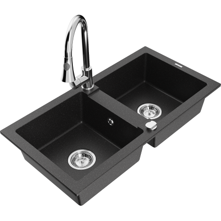 Mexen Mario granite sink 2-bowl with Elia kitchen tap, black/silver metallic - 6504-73-670101-00