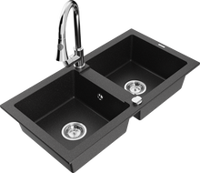 Mexen Mario granite sink 2-bowl with Elia kitchen tap, black/silver metallic - 6504-73-670101-00