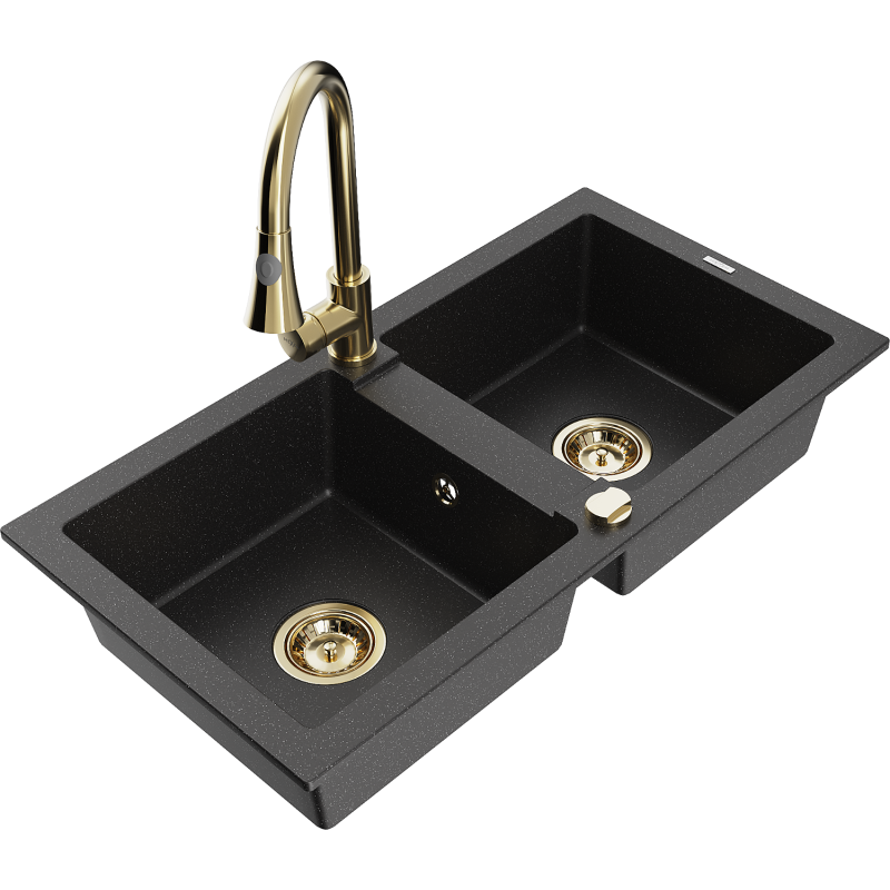 Mexen Mario 2-Bowl Granite Kitchen Sink with Elia Faucet, Black/Silver Metallic - 6504-73-670101-50