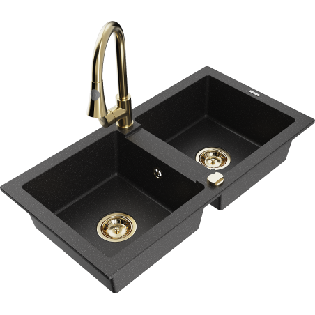 Mexen Mario fregadero de granito de 2 senos con grifo de cocina Elia, negro/metálico plateado - 6504-73-670101-50