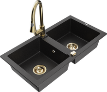 Mexen Mario 2-chamber granite sink with Elia kitchen faucet, black/silver metallic - 6504-73-670101-50