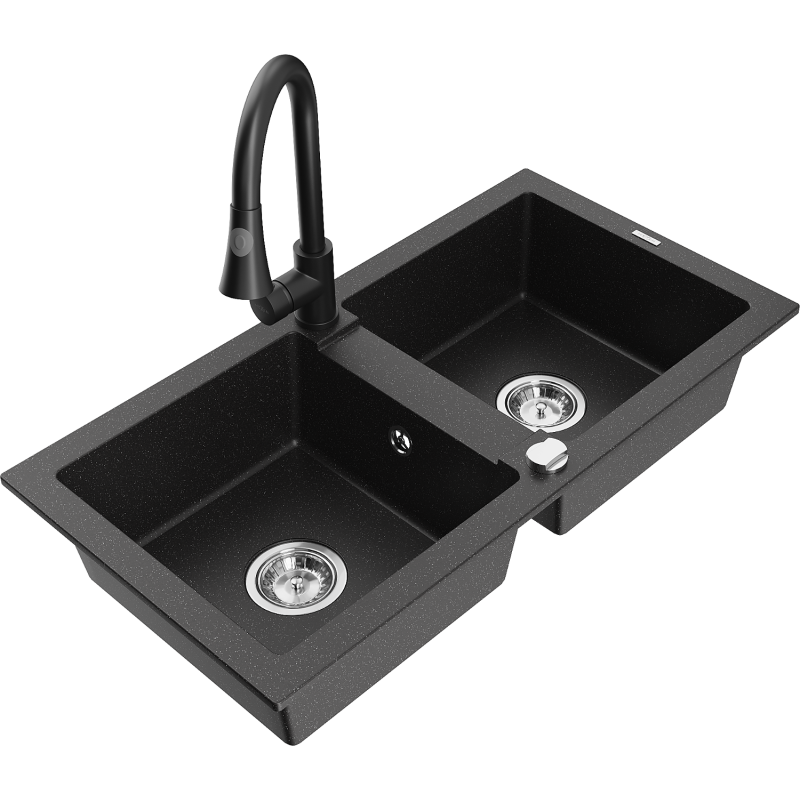Mexen Mario lava-louça de granito de 2 cubas com torneira de cozinha Elia, preto/metálico prateado - 6504-73-670101-70
