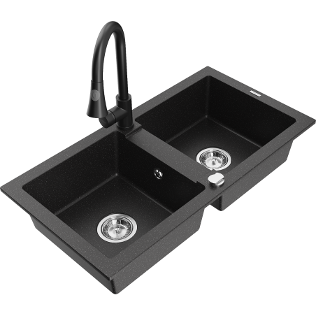 Mexen Mario granieten gootsteen met 2 kamers met keukenmengkraan Elia, zwart/zilver metallic - 6504-73-670101-70