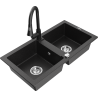 Mexen Mario granieten gootsteen met 2 kamers met keukenmengkraan Elia, zwart/zilver metallic - 6504-73-670101-70