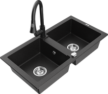 Mexen Mario granieten gootsteen met 2 kamers met keukenmengkraan Elia, zwart/zilver metallic - 6504-73-670101-70