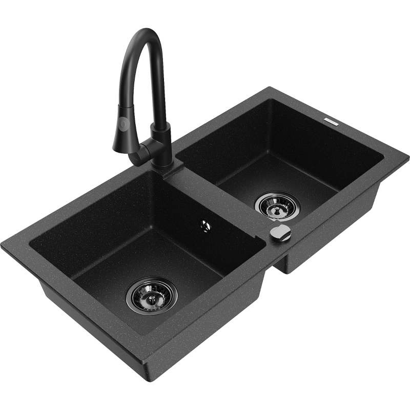 Mexen Mario granite sink 2-bowl with Elia kitchen tap, black/silver metallic - 6504-73-670101-70-B