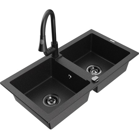 Mexen Mario 2-bowl granite sink with Elia kitchen faucet, black/silver metallic - 6504-73-670101-70-B