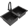 Mexen Mario 2-bowl granite sink with Elia kitchen faucet, black/silver metallic - 6504-73-670101-70-B