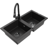 Mexen Mario granite sink 2-bowl with Elia kitchen tap, black/silver metallic - 6504-73-670101-70-B