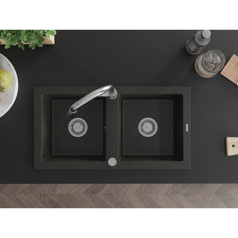 Mexen Mario granit gootsteen 2-komors met keukenmengkraan Elia, zwart/goud metallic - 6504-75-670101-00