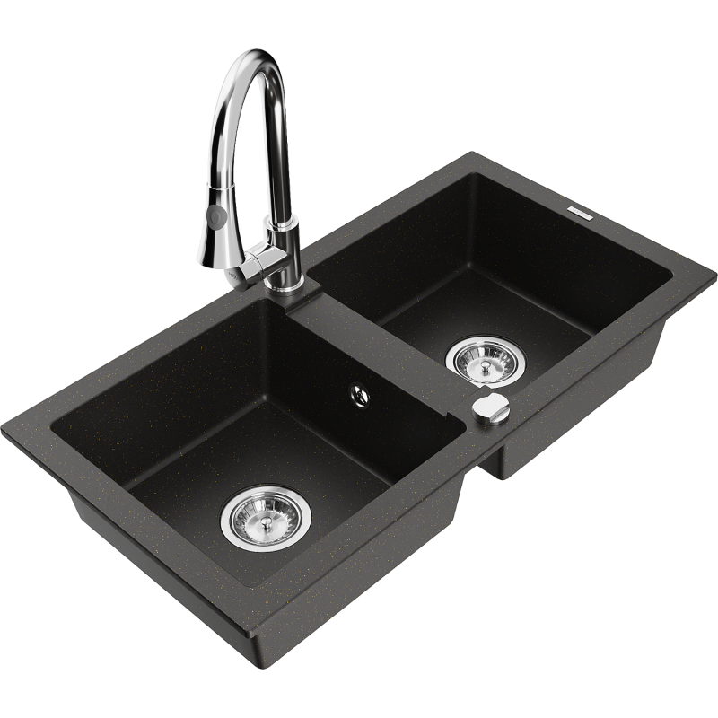 Mexen Mario 2-bowl granite sink with Elia kitchen tap, black/gold metallic - 6504-75-670101-00