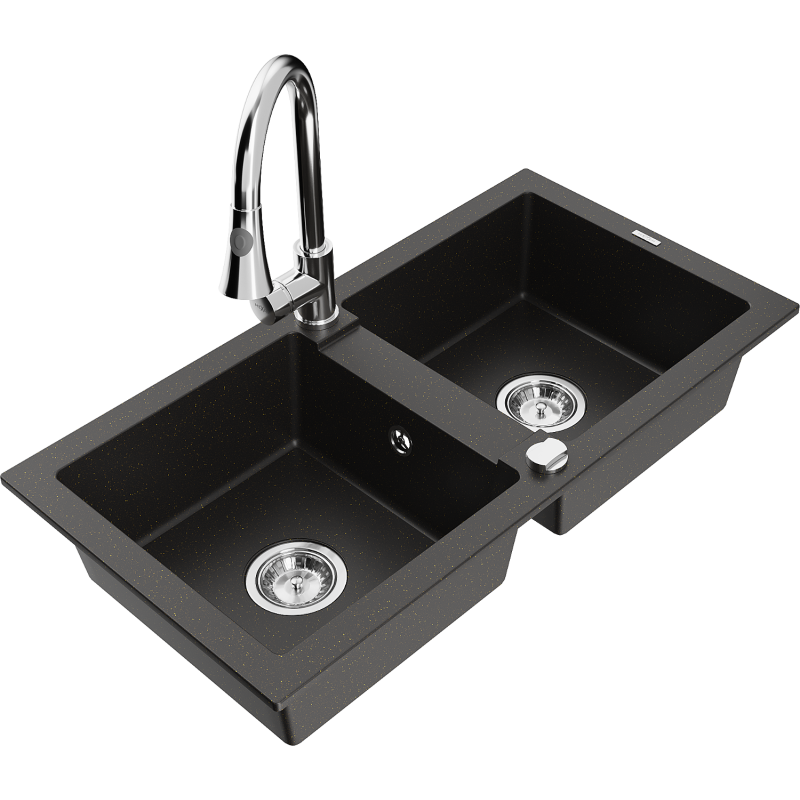 Mexen Mario fregadero de granito de 2 compartimentos con grifo de cocina Elia, negro/oro metálico - 6504-75-670101-00
