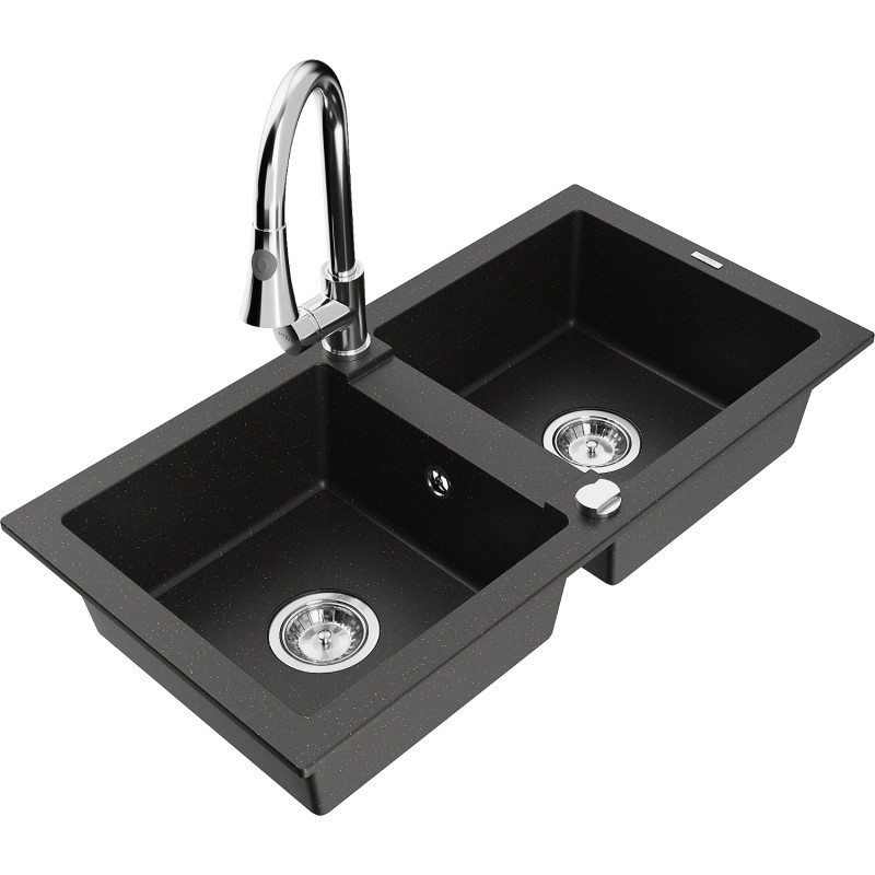Mexen Mario fregadero de granito de 2 senos con grifo de cocina Elia, negro/dorado metálico - 6504-75-670101-00