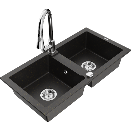 Mexen Mario 2-bowl granite sink with Elia kitchen tap, black/gold metallic - 6504-75-670101-00