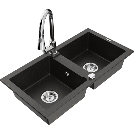 Mexen Mario fregadero de granito de 2 compartimentos con grifo de cocina Elia, negro/dorado metálico - 6504-75-670101-00