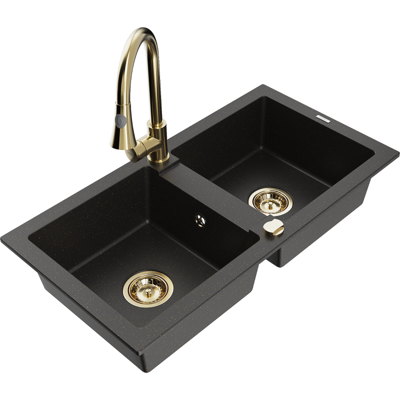 Mexen Mario 2-osainen graniittiallas keittiöhanalla Elia, musta/kullanvärinen metallinhohtoinen - 6504-75-670101-50