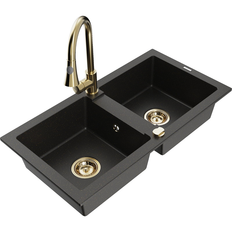 Mexen Mario Granitspüle 2-Kammern mit Küchenarmatur Elia, schwarz/gold metallic - 6504-75-670101-50