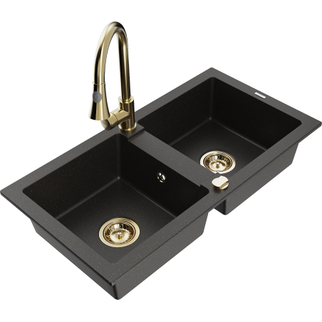 Mexen Mario Granitspüle 2-Kammern mit Küchenarmatur Elia, schwarz/gold metallic - 6504-75-670101-50