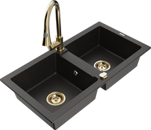 Mexen Mario 2-bowl granite sink with Elia kitchen tap, black/gold metallic - 6504-75-670101-50