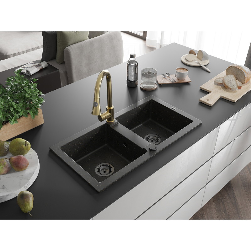 Mexen Mario tweedelige granieten gootsteen met keukenmengkraan Elia, zwart/goud metallic - 6504-75-670101-50-B
