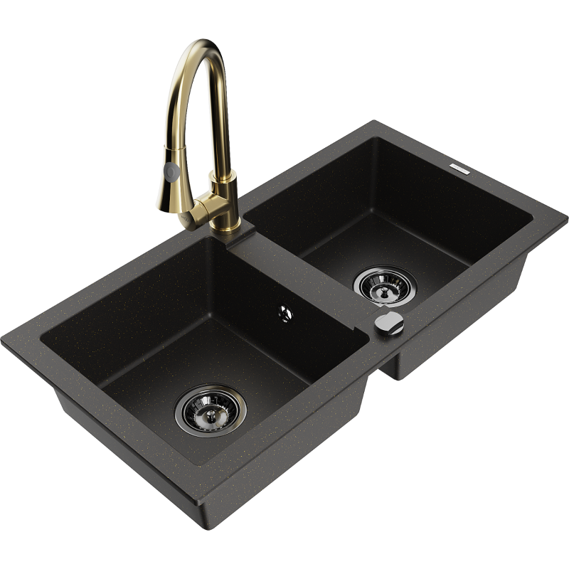 Mexen Mario fregadero de granito de 2 senos con grifo de cocina Elia, negro/dorado metálico - 6504-75-670101-50-B