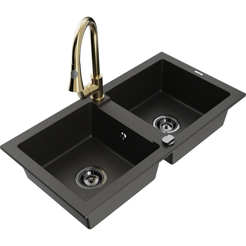 Mexen Mario tweedelige granieten gootsteen met keukenmengkraan Elia, zwart/goud metallic - 6504-75-670101-50-B