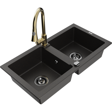 Mexen Mario fregadero de granito de 2 compartimentos con grifo de cocina Elia, negro/oro metálico - 6504-75-670101-50-B
