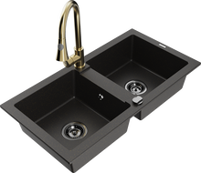 Mexen Mario granieten gootsteen 2-kamer met keukenmengkraan Elia, zwart/goud metallic - 6504-75-670101-50-B