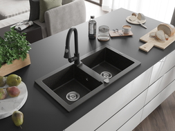 Mexen Mario Granitspüle 2-Becken mit Küchenarmatur Elia, schwarz/goldener Metallic - 6504-75-670101-70