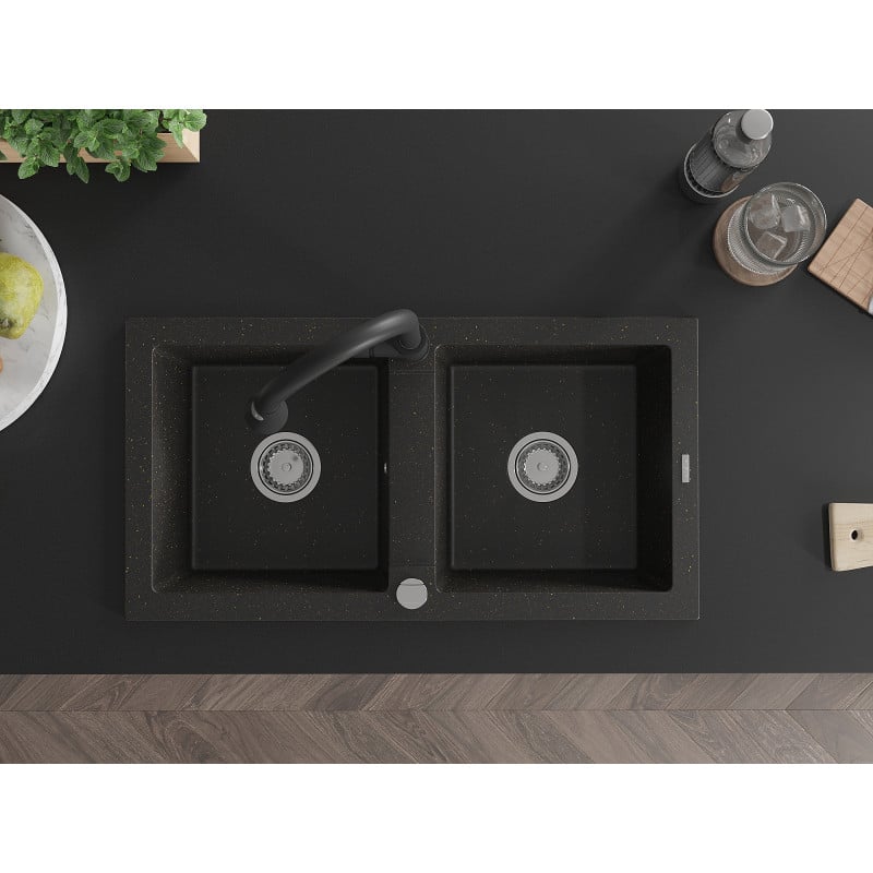 Mexen Mario lava-louça de granito 2-cubas com torneira de cozinha Elia, preto/dourado metálico - 6504-75-670101-70