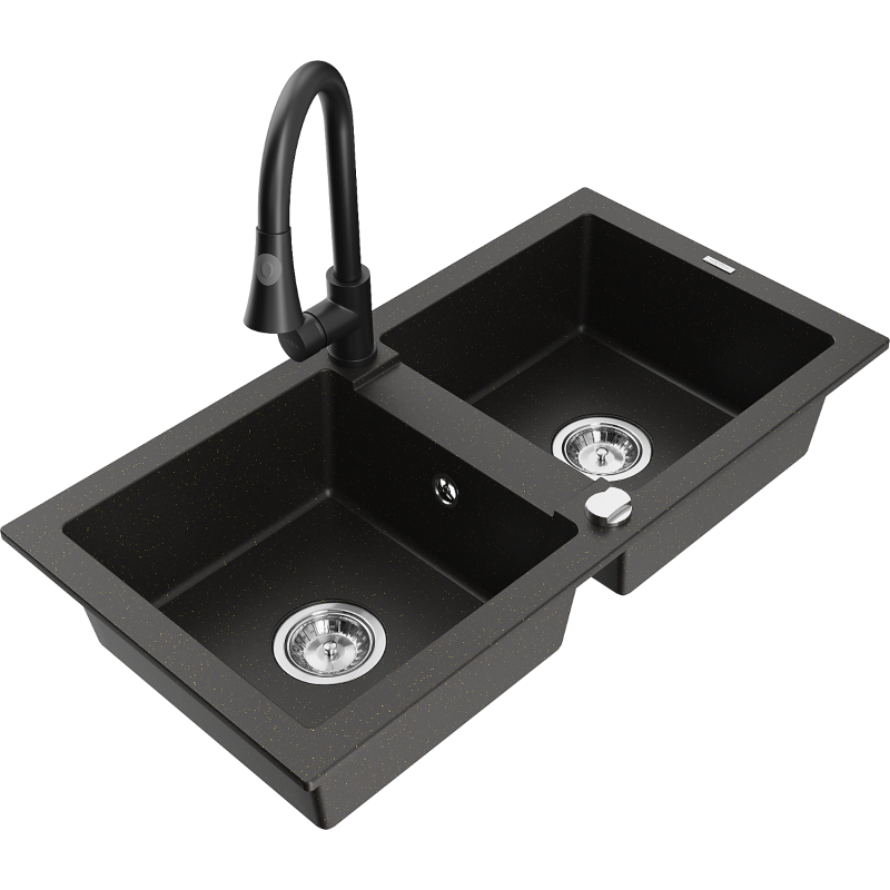 Mexen Mario fregadero de granito de 2 compartimentos con grifo de cocina Elia, negro/dorado metálico - 6504-75-670101-70