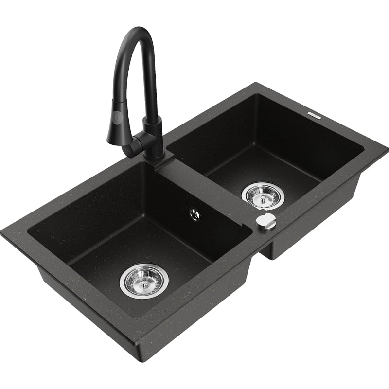 Mexen Mario granite double-bowl sink with Elia kitchen faucet, black/golden metallic - 6504-75-670101-70