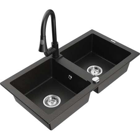 Mexen Mario granite sink double-bowl with Elia kitchen tap, black/gold metallic - 6504-75-670101-70