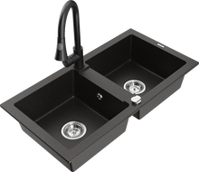 Mexen Mario fregadero de granito de 2 compartimentos con grifo de cocina Elia, negro/dorado metálico - 6504-75-670101-70