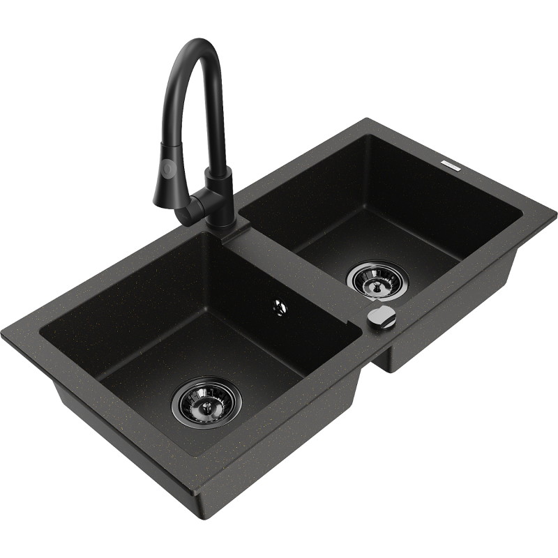 Mexen Mario fregadero de granito de 2 compartimentos con grifo de cocina Elia, negro/dorado metálico - 6504-75-670101-70-B