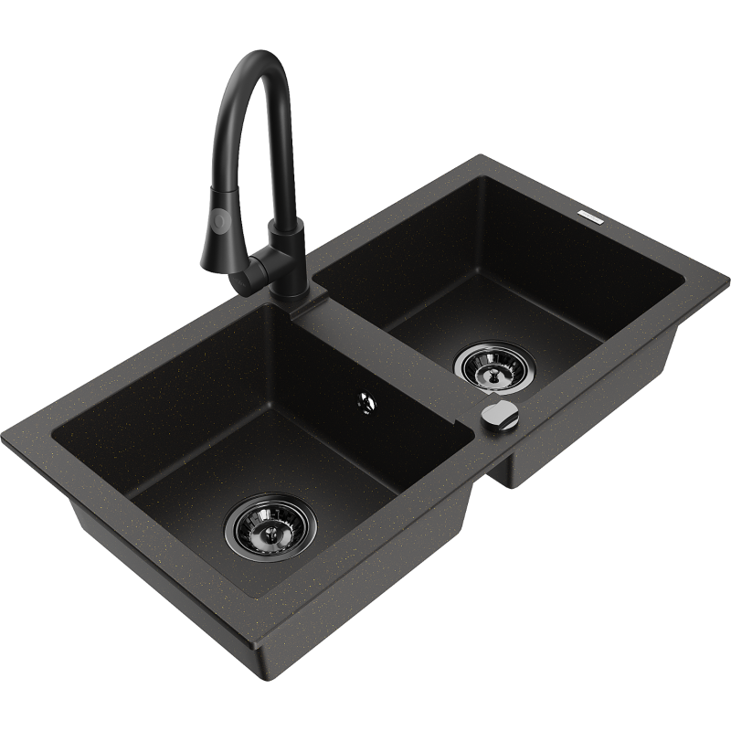 Mexen Mario lava-louça de granito de 2 cubas com torneira de cozinha Elia, preto/dourado metálico - 6504-75-670101-70-B