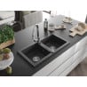 Mexen Mario granite sink 2-bowl with Elia kitchen tap, black speckled - 6504-76-670101-00