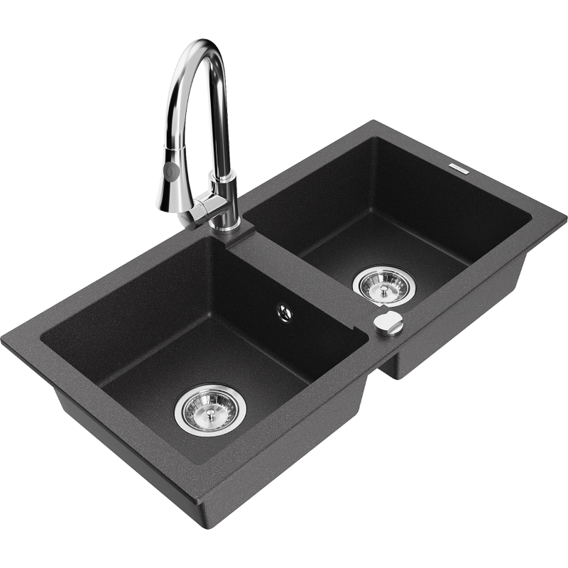 Mexen Mario granite sink 2-bowl with Elia kitchen tap, black speckled - 6504-76-670101-00
