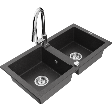 Mexen Mario granite sink 2-bowl with Elia kitchen tap, black speckled - 6504-76-670101-00