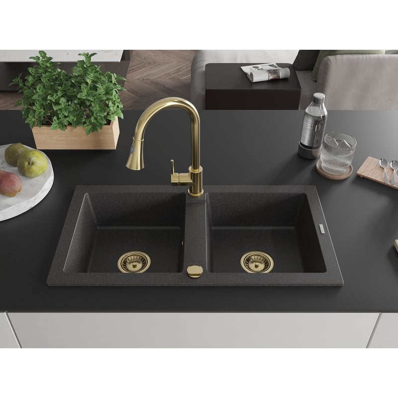 Mexen Mario granite double-bowl kitchen sink with Elia kitchen faucet, black speckled - 6504-76-670101-50