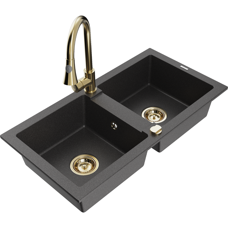 Mexen Mario fregadero de granito de 2 compartimentos con grifo de cocina Elia, negro moteado - 6504-76-670101-50