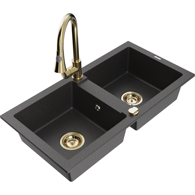 Mexen Mario granitdiskho med 2 fack med köksblandare Elia, svart spräcklig - 6504-76-670101-50