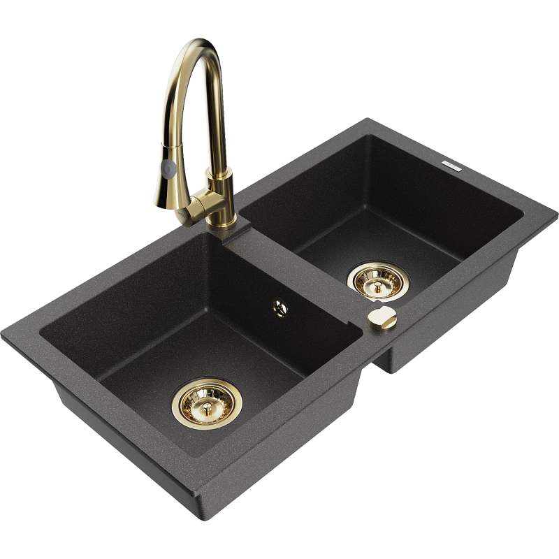 Mexen Mario granite sink, 2-bowl with Elia kitchen tap, black speckled - 6504-76-670101-50